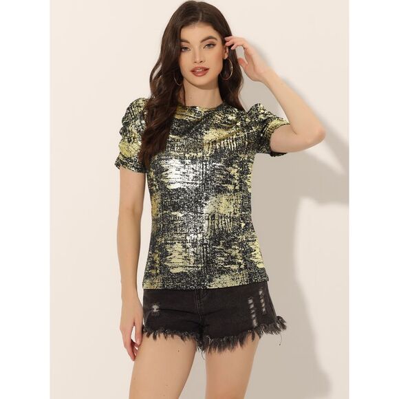 Glitter T-Shirt Party Round Neck Puff Sleeve Stretch Shiny Top Black Gold - Picture 3 of 5